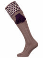 Warm brown shooting sock with deep purple and ecru pattern, with optional deep purple garter tie.