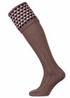 Warm brown shooting sock with deep purple and ecru pattern.
