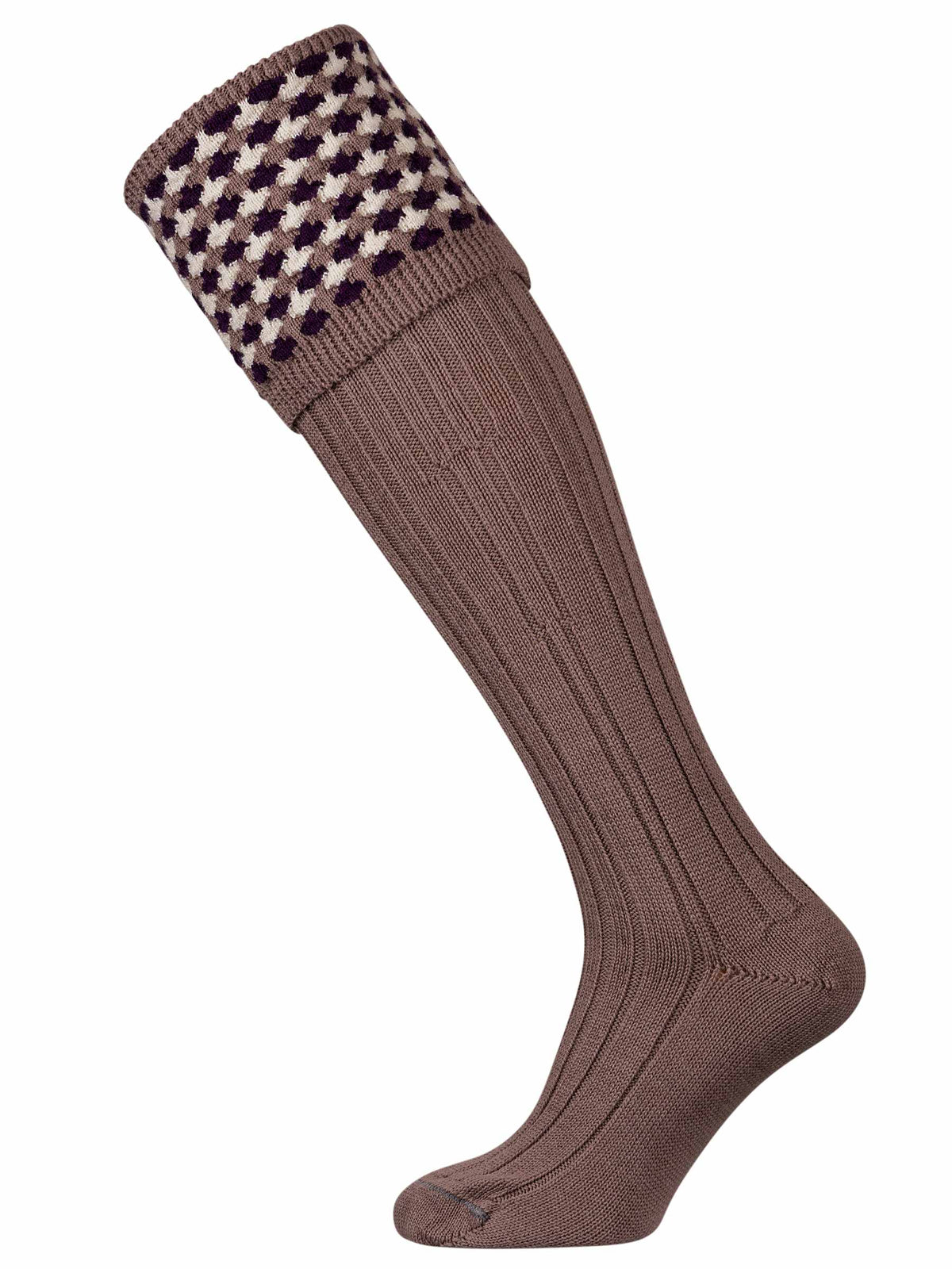 Warm brown shooting sock with deep purple and ecru pattern.