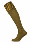 An olive green shooting sock with hunter green and gold detail.