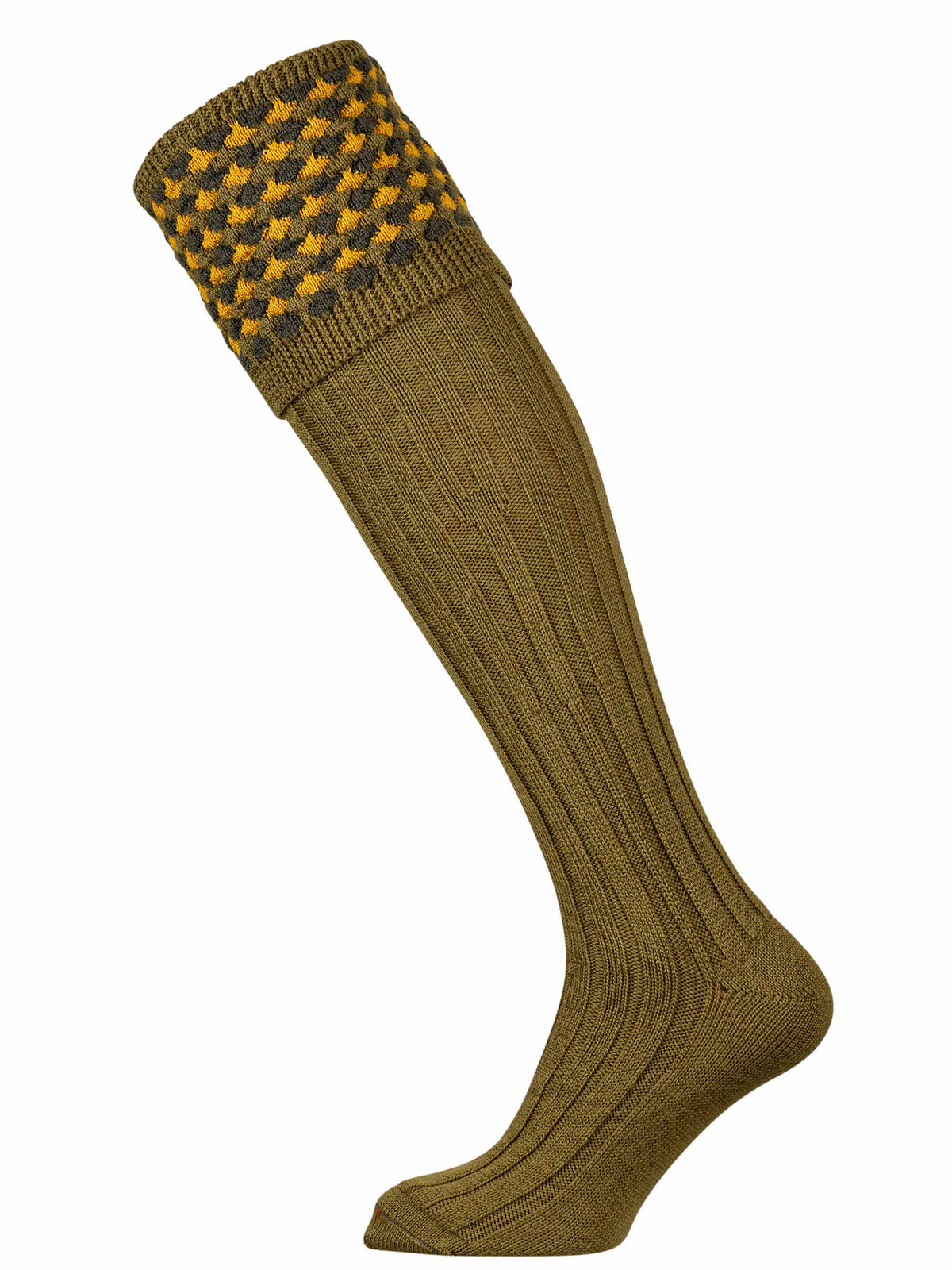 An olive green shooting sock with hunter green and gold detail.