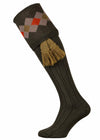 Dark Green shooting sock with sage, taupe and orange pattern. Optional sage green garter