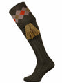 Dark Green shooting sock with sage, taupe and orange pattern. Optional sage green garter