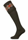 Dark Green shooting sock with sage, taupe and orange pattern.