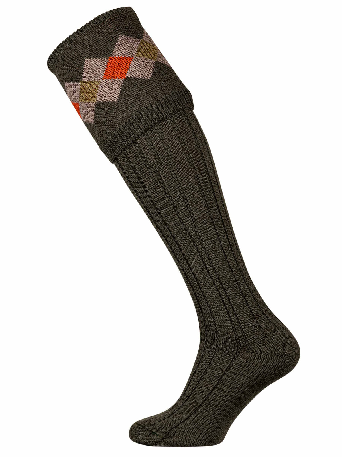 Dark Green shooting sock with sage, taupe and orange pattern.