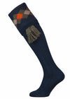 Mid Navy knitted shooting sock with orange, green and taupe pattern. Optional dark green garter tie.