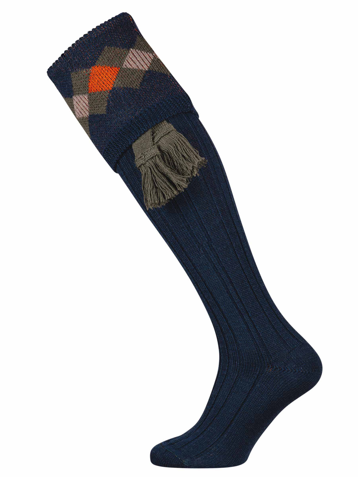 Mid Navy knitted shooting sock with orange, green and taupe pattern. Optional dark green garter tie.
