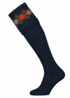 Mid Navy knitted shooting sock with orange, green and taupe pattern. 