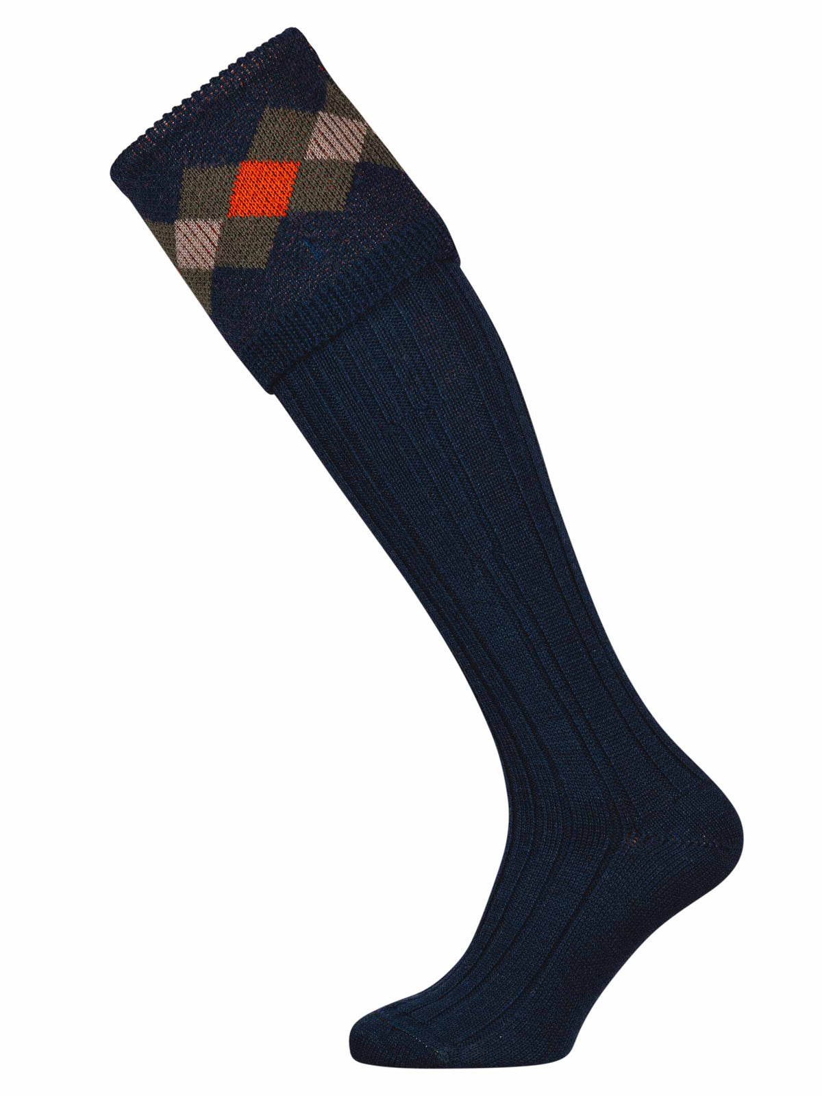 Mid Navy knitted shooting sock with orange, green and taupe pattern. 