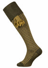 A olive green shooting sock with houndstooth pattern in the leg with an optional sage green garter.