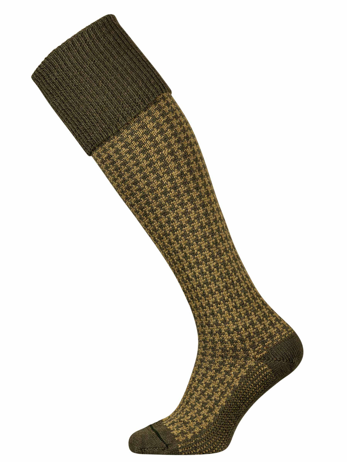 A olive green shooting sock with houndstooth pattern in the leg.