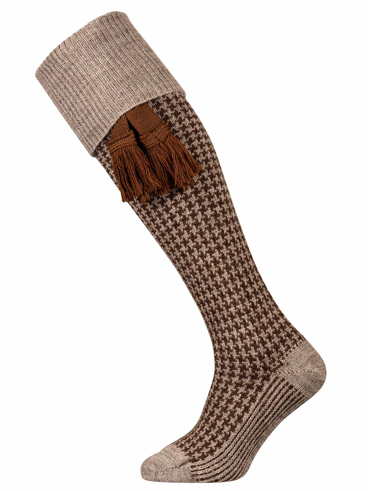 A dark brown and oatmeal houndstooth leg shooting sock with optional almond garter