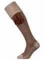 A dark brown and oatmeal houndstooth leg shooting sock with optional almond garter