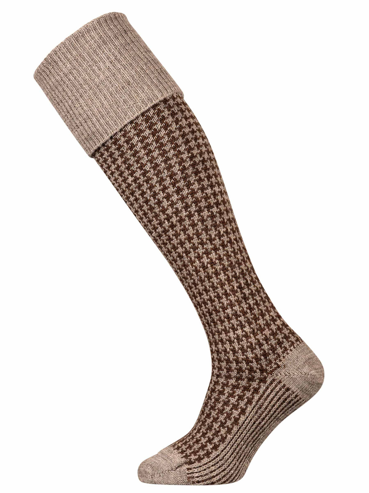 A dark brown and oatmeal houndstooth leg shooting sock.