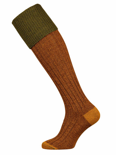 Autumnal shooting sock in brown wth green turnover, knitted from a Merino wool and acrylic blend.