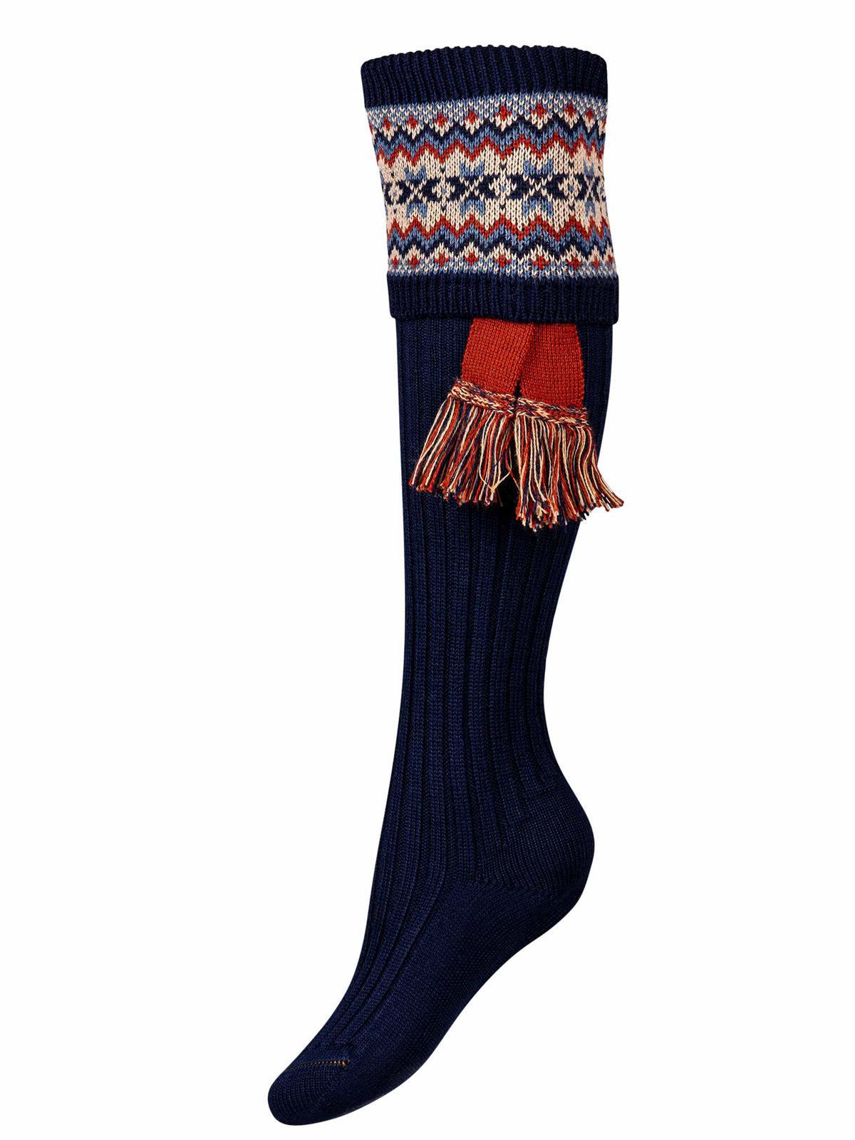 A classic navy blue shooting sock with fairisle pattern with colours of chestnut, sky blue and ecru. Optional chestnut garter tie.
