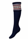 A classic navy blue shooting sock with fairisle pattern with colours of chestnut, sky blue and ecru.