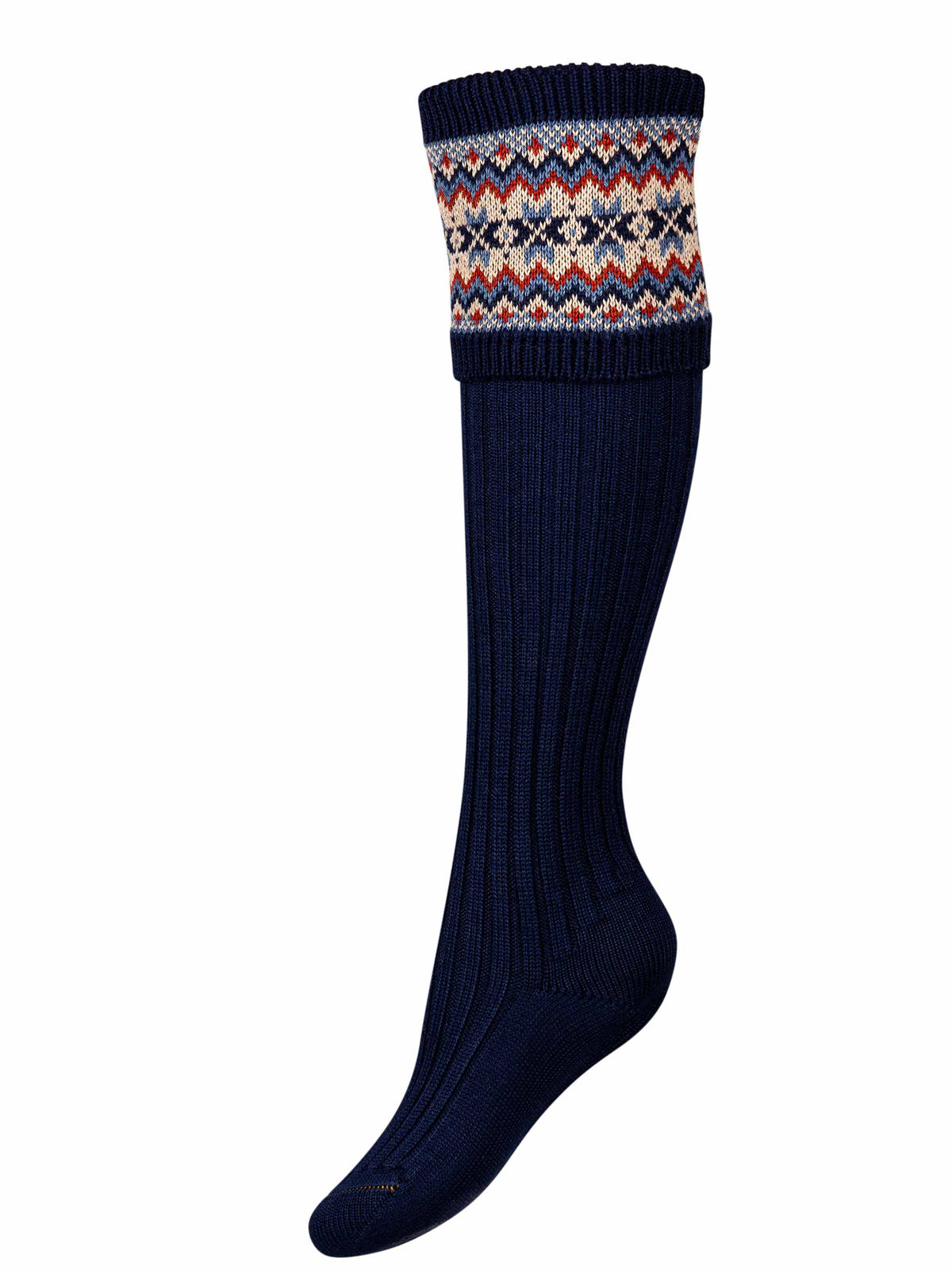 A classic navy blue shooting sock with fairisle pattern with colours of chestnut, sky blue and ecru.