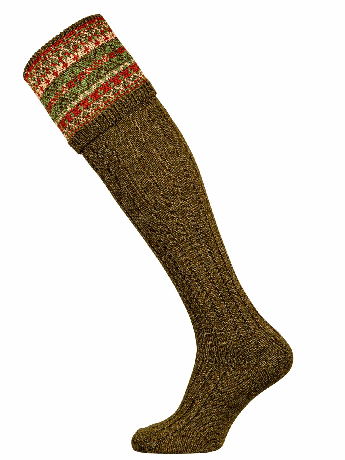 A classic fairisle knit pattern in deep green with accents of burnt orange.