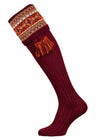 Deep burgundy knitted shooting sock with fairisle pattern knitted in the turnover with optional garter