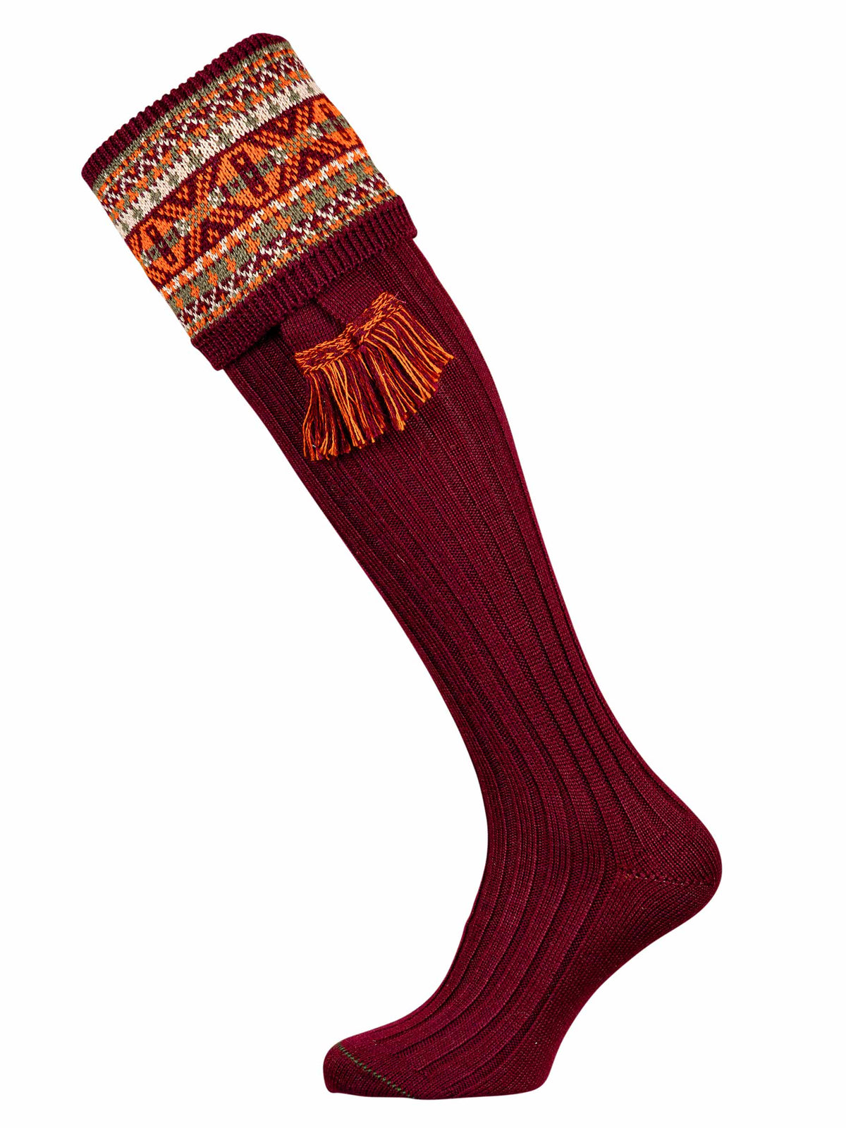 Deep burgundy knitted shooting sock with fairisle pattern knitted in the turnover with optional garter