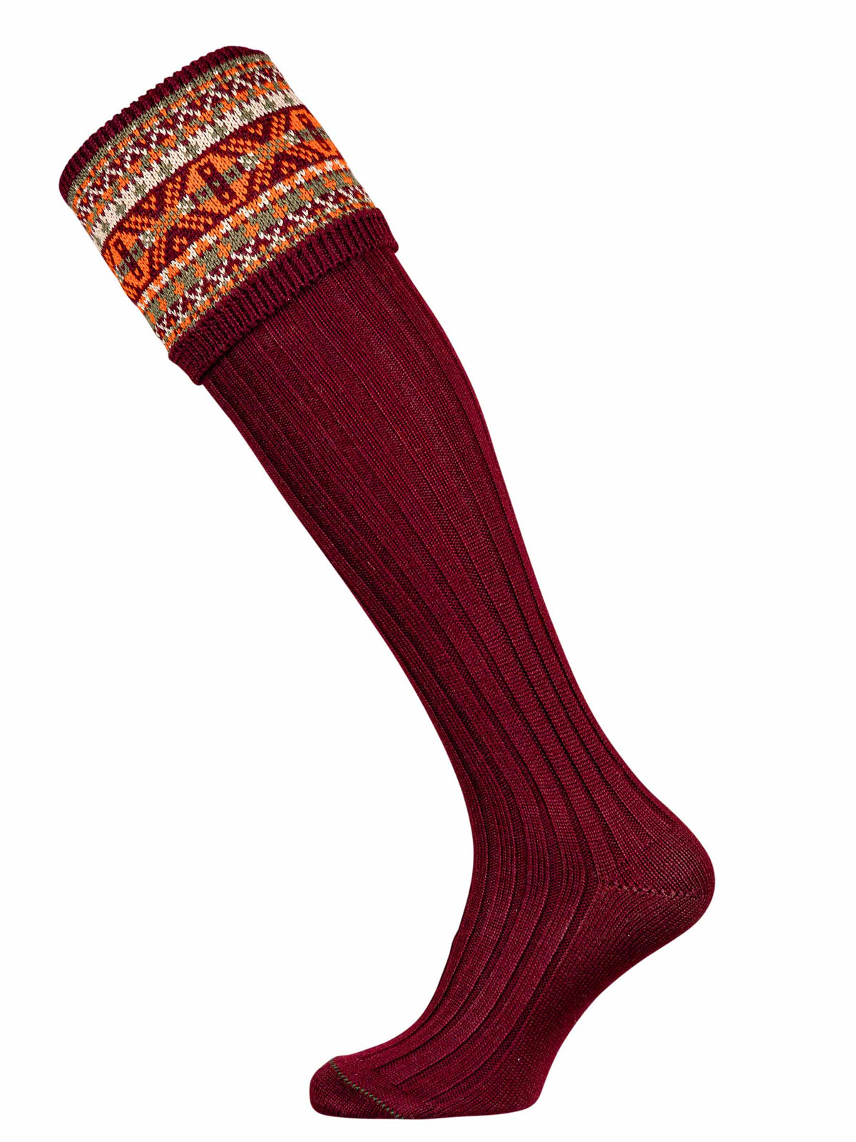 A deep burgundy shooting sock with fairisle knit pattern including oranges and greens.