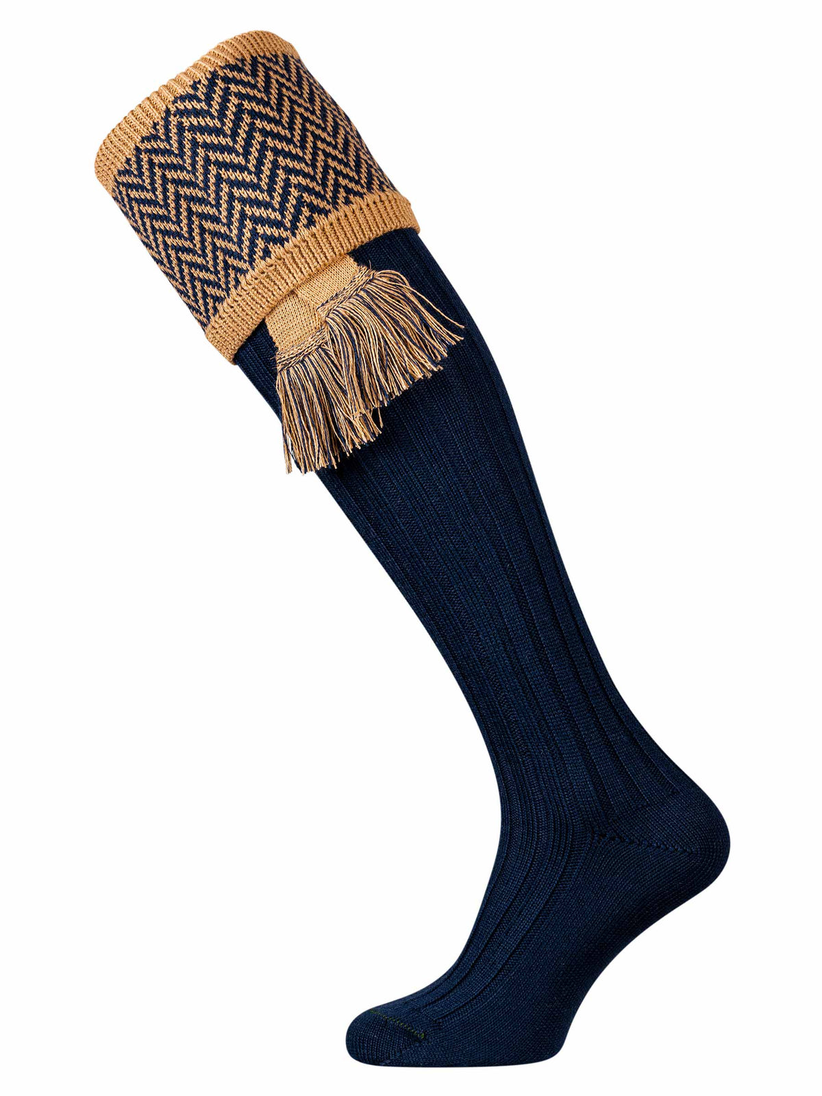 A deep navy shooting sock with a navy and camel herringbone turnover with camel garter.