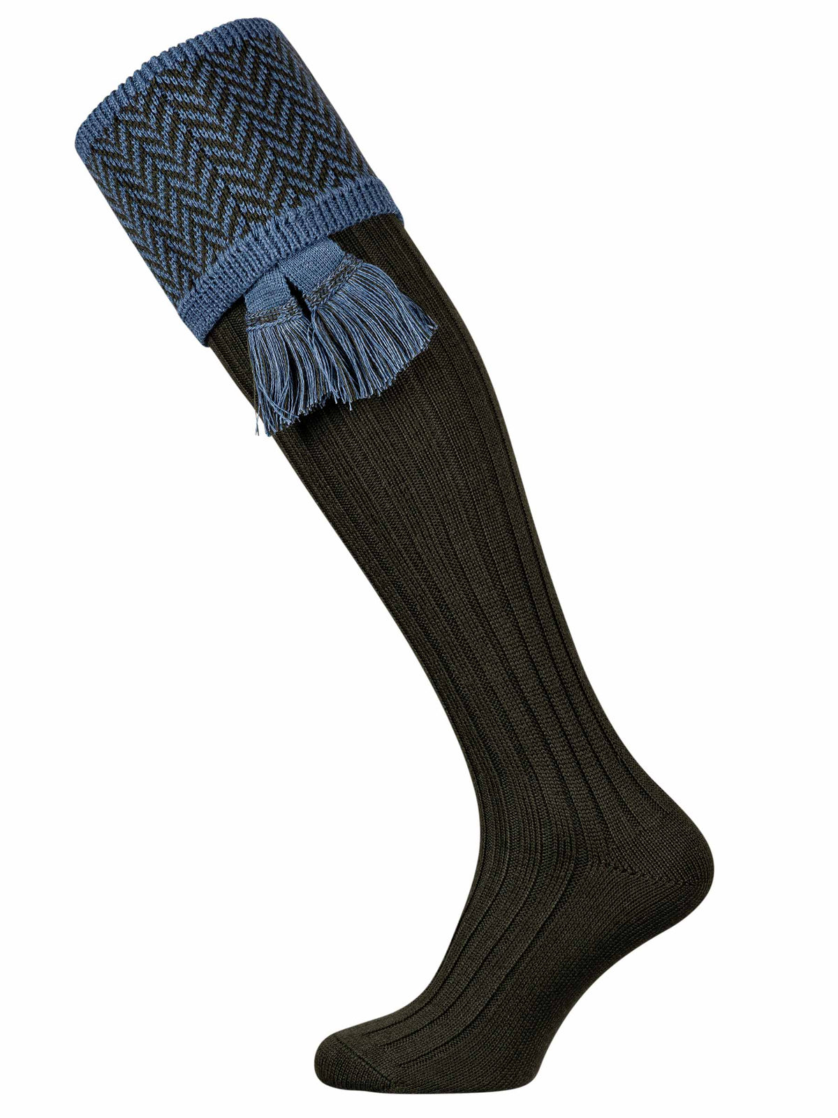 A deep green shooting sock with herringbone patterned turnover with a blue mix pattern and garter tie.