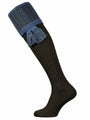 A deep green shooting sock with herringbone patterned turnover with a blue mix pattern and garter tie.