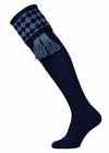 Shooting socks designed for a long leg in navy blue with an ancient blue pattern and optional ancient blue garter tie