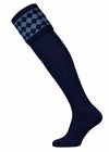 Shooting socks designed for a long leg in navy blue with an ancient blue pattern.