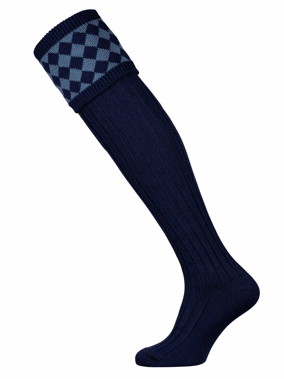 Shooting socks designed for a long leg in navy blue with an ancient blue pattern.