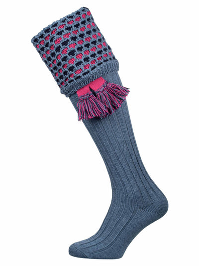 Full Length Knitted Sock, pale blue with navy and pink pattern