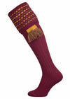 Long knitted shooting socks in burgundy with a ribbed leg, features 2 different colours in the textured knit top