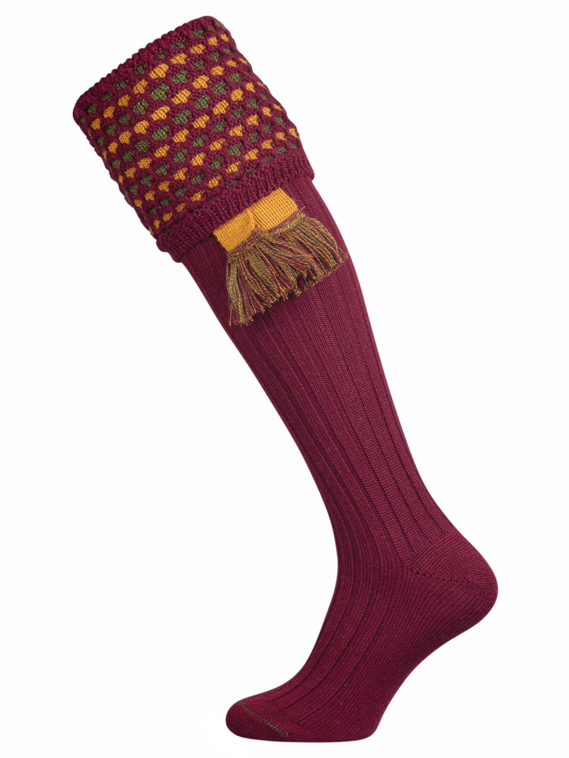 Long knitted shooting socks in burgundy with a ribbed leg, features 2 different colours in the textured knit top