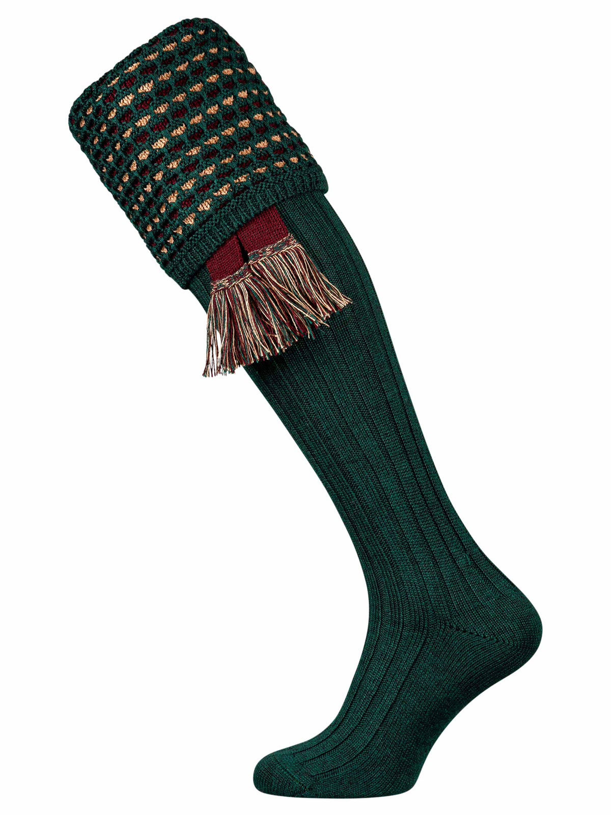 Dark Green full length shooting sock with burgundy and camel pattern
