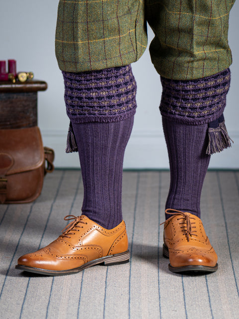 Long knitted shooting socks in purple with a ribbed leg, features 2 different colours in the textured knit top