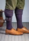 Long knitted shooting socks in purple with a ribbed leg, features 2 different colours in the textured knit top