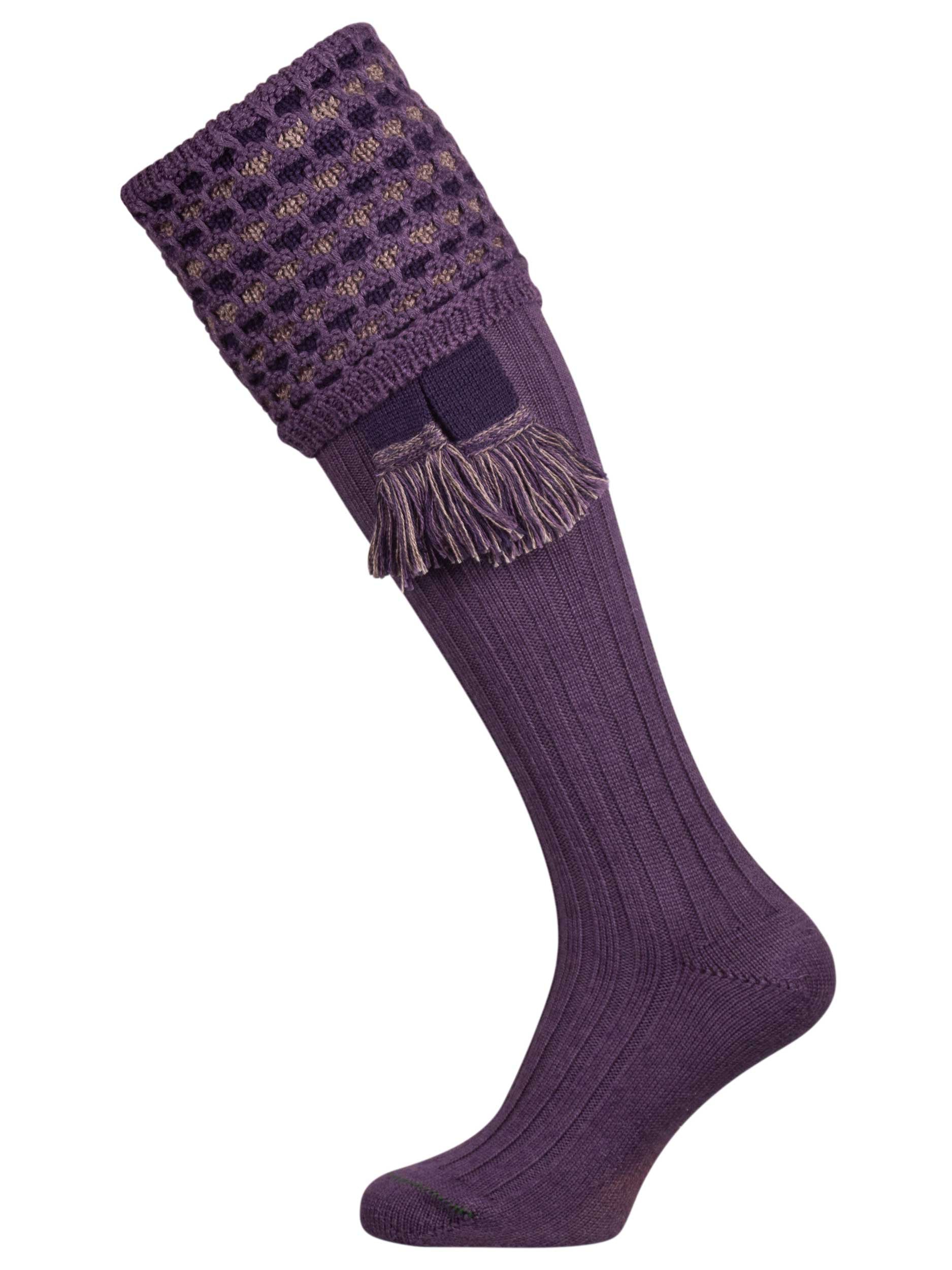 Long knitted shooting socks in purple with a ribbed leg, features 2 different colours in the textured knit top