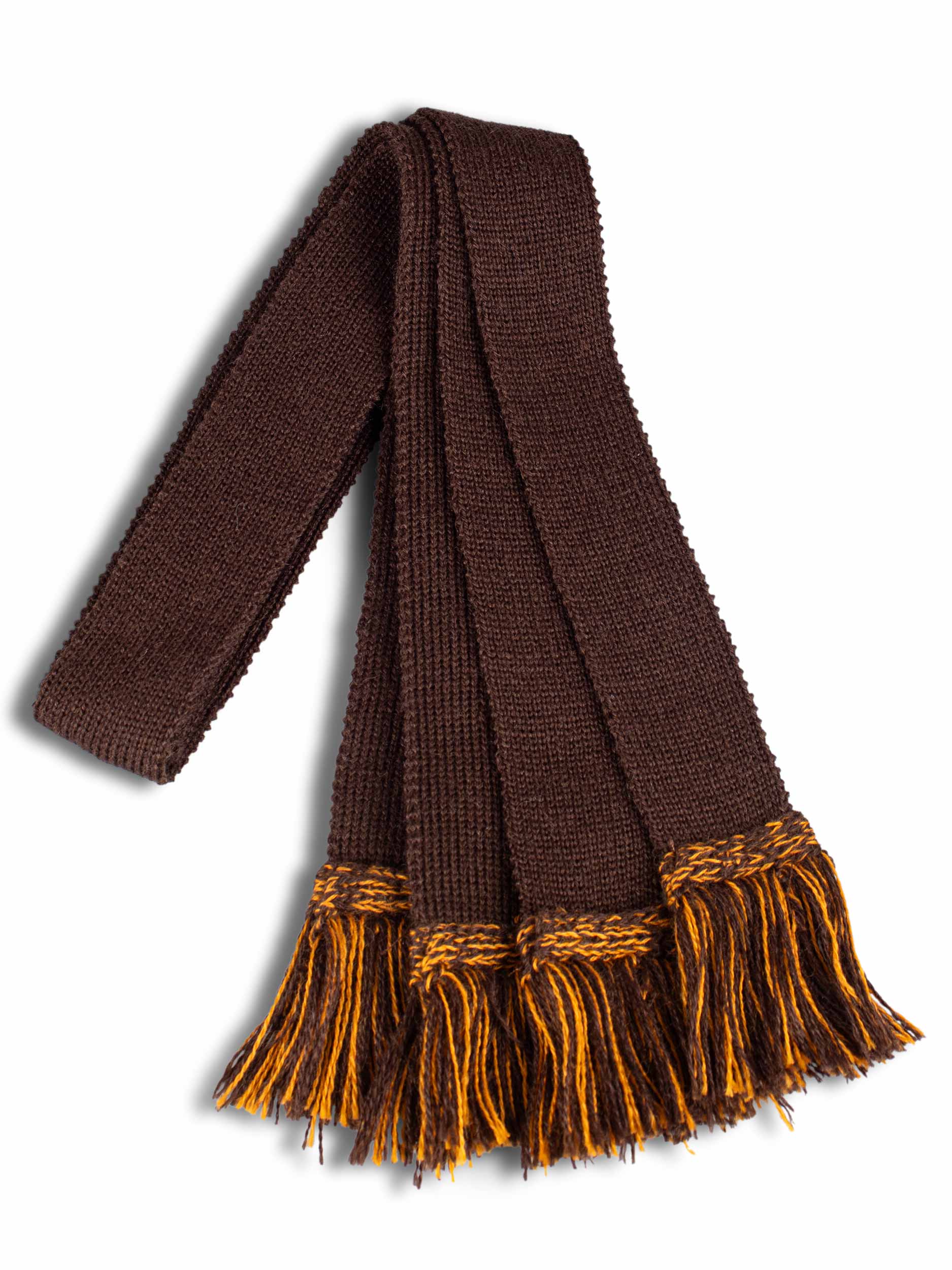 Knitted sock garter ties, dark brown and gold