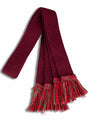 Knitted burgundy sock garter ties with tri-colour fringe