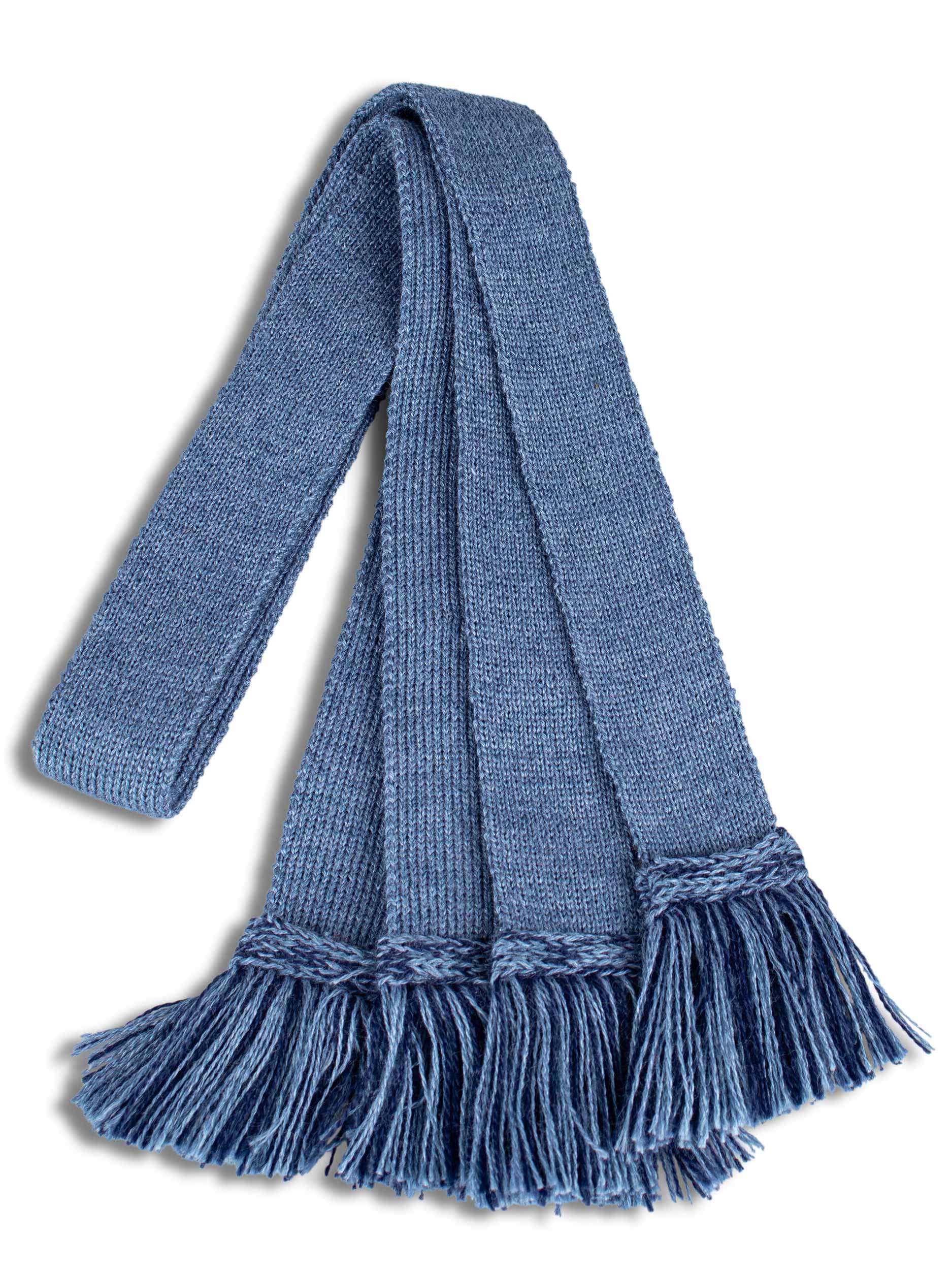 Blue knitted shooting sock garter ties with navy blue fringe