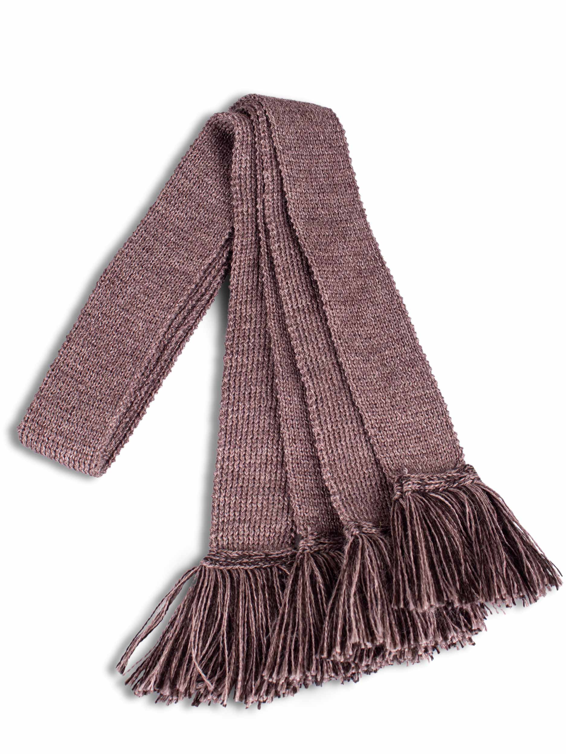 Brown knitted shooting sock garter ties with dark brown fringe.