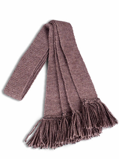Brown knitted shooting sock garter ties with dark brown fringe.