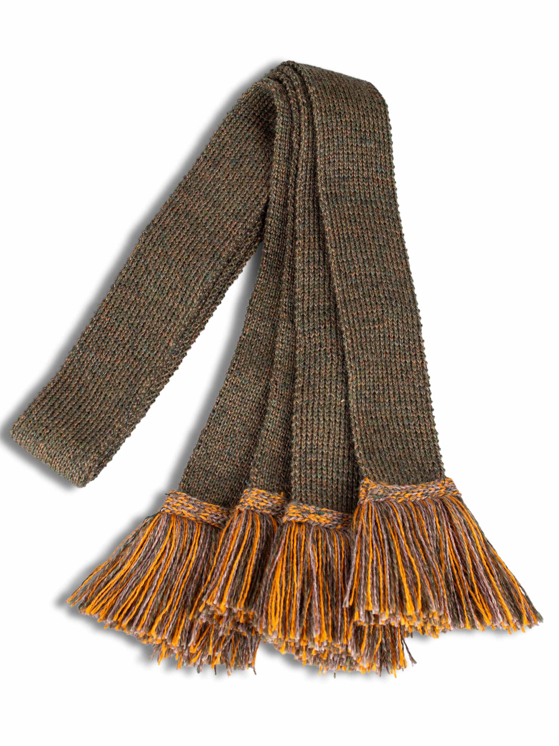 Marled Green knitted shooting sock garter ties with gold and brown trim