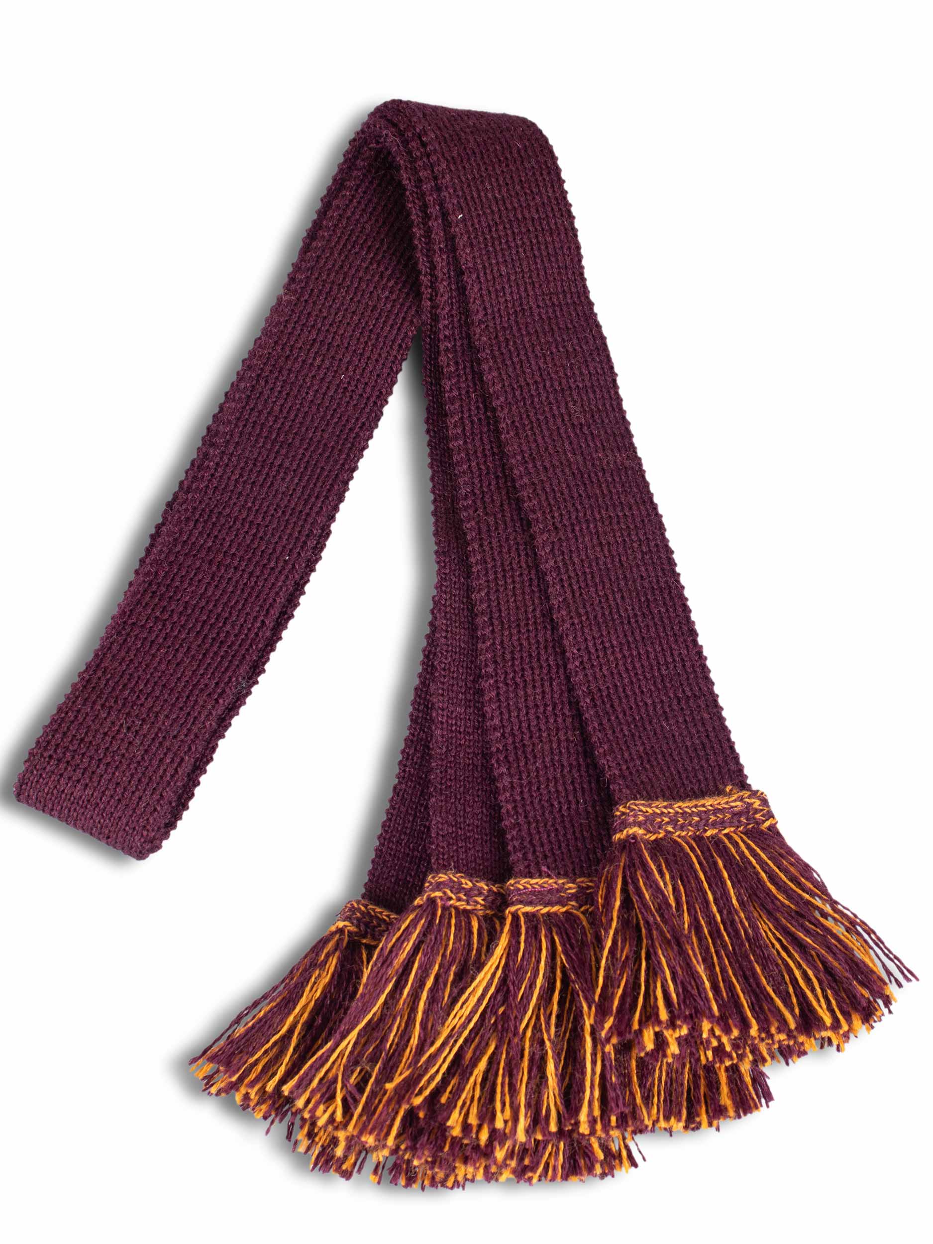 Dark Burgundy knitted garter ties for shooting socks with gold fringe