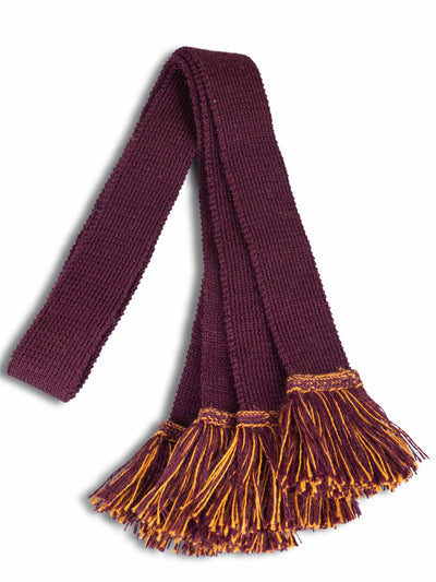 Dark Burgundy knitted garter ties for shooting socks with gold fringe