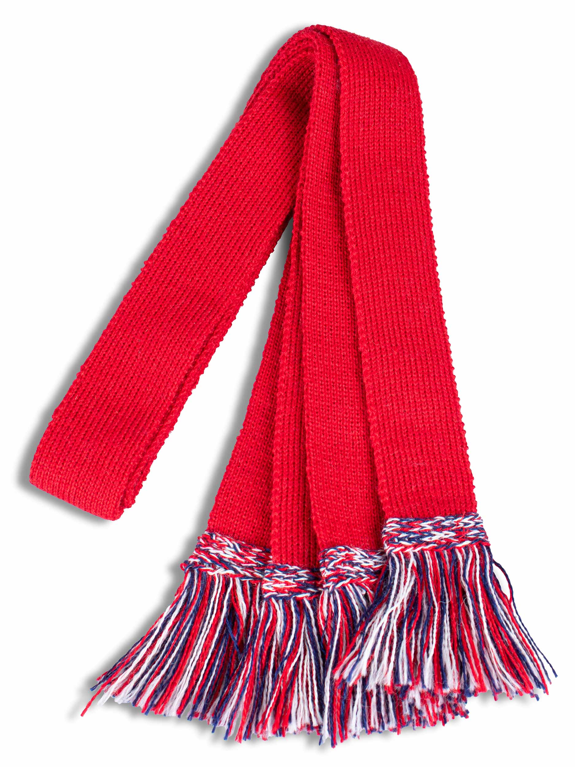 Bright red knitted shooting sock garter ties with navy and white trim
