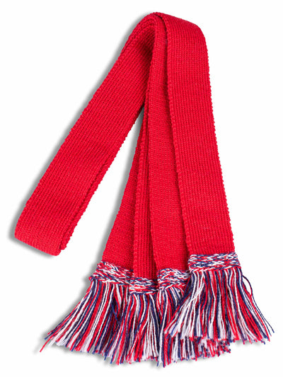 Bright red knitted shooting sock garter ties with navy and white trim