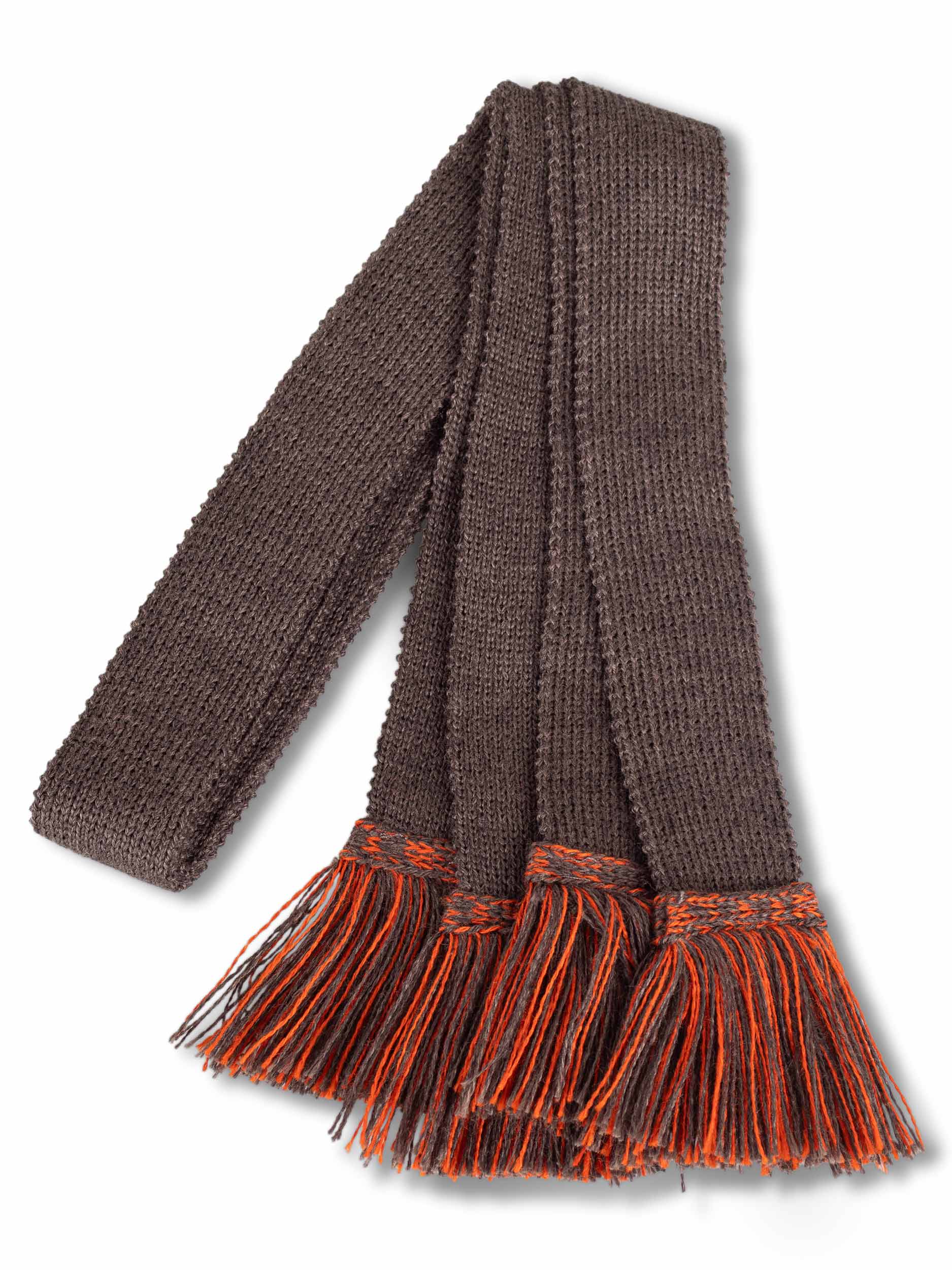 Knitted sock garter ties with fringe in brown and orange